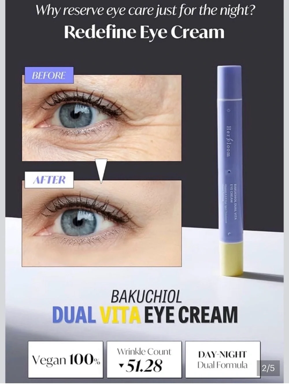 Herbloom Bakuchiol Dual Vita Eye Cream Vita A & K3 Anti-Aging 0.53 fl oz